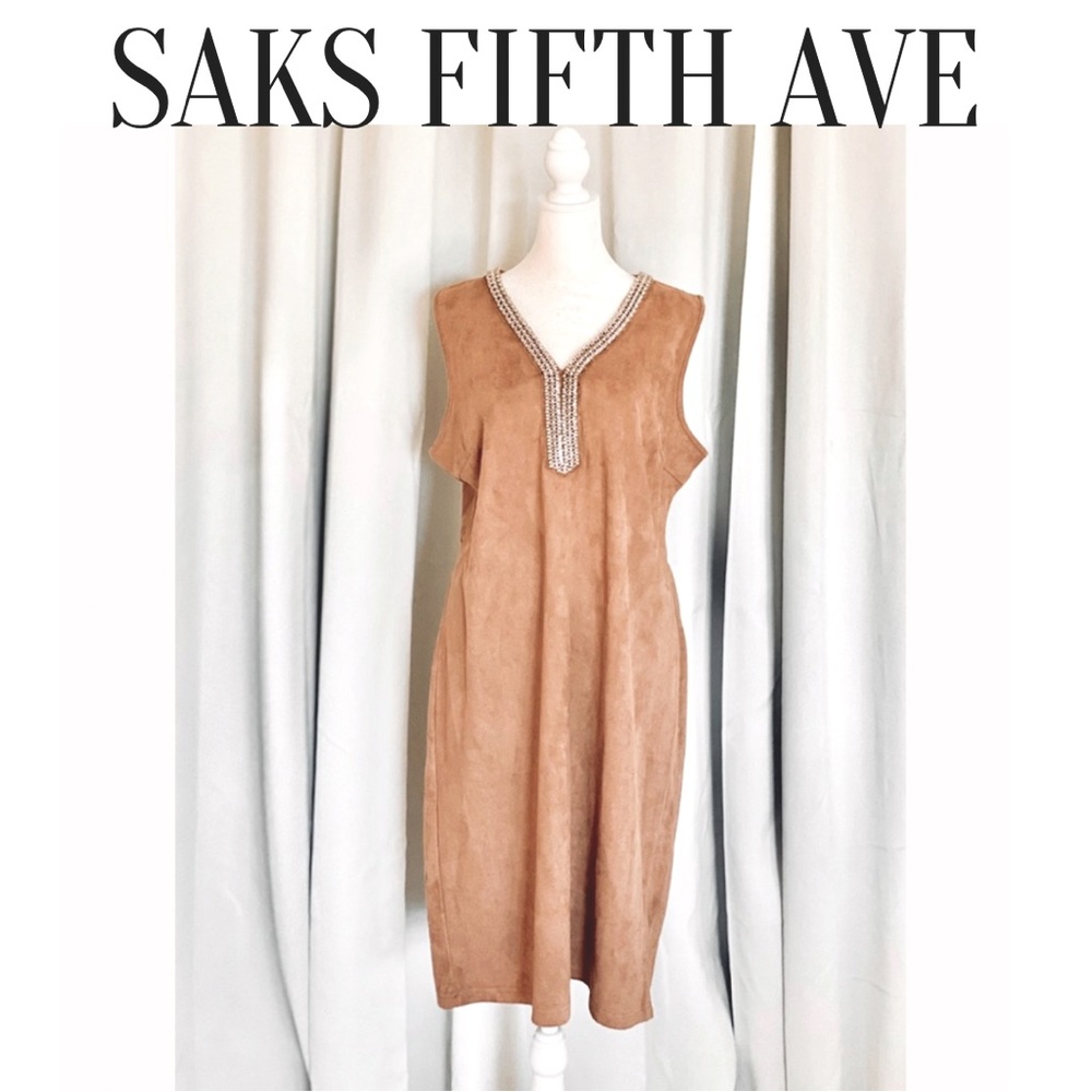 Saks Fifth Avenue Camel Brown Rhinestone Sleeveless Dress Size 16